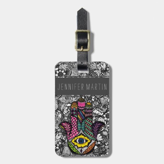 Hamsaカラフルな手描きの手花のスケッチ ラゲッジタグ (正面縦)