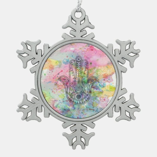 HAMSAハンドシンボルカラフル水色 スノーフレークピューターオーナメント (正面)