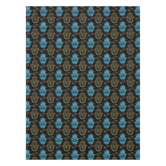 Hamsa手パターン-金ゴールドおよび青いガラス テーブルクロス (正面)