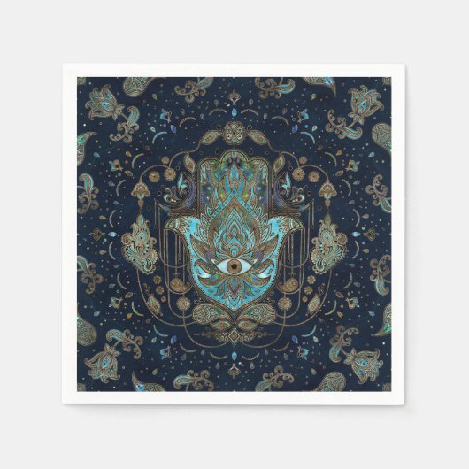 Hamsa手 – ファティマブルーの宝石の手 スタンダードカクテルナプキン (正面)