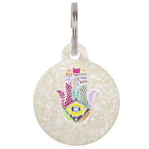 Hamsa芸術的な手描きの手花のスケッチ ペット ネームタグ