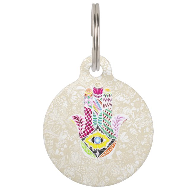 Hamsa芸術的な手描きの手花のスケッチ ペット　ネームタグ (裏面)