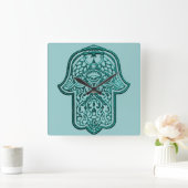 Hamsa (ティール（緑がかった色）)のHenna手 スクエア壁時計 (ホーム)