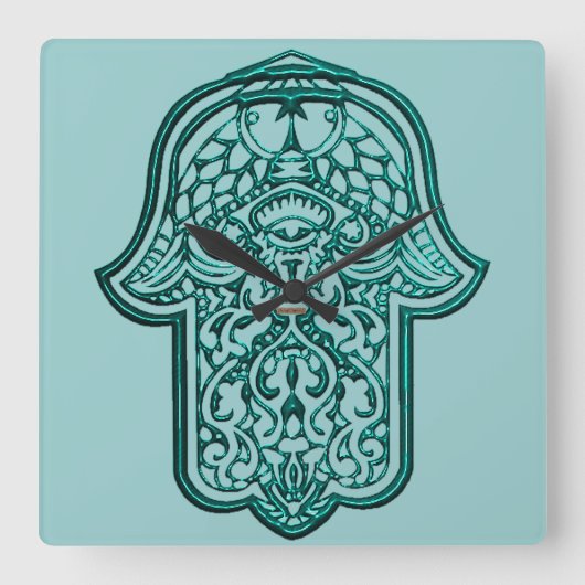Hamsa (ティール（緑がかった色）)のHenna手 スクエア壁時計 (正面)