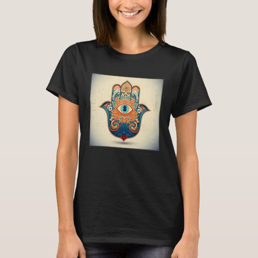 Hamsa Hand Eye Illustration Lucky Unique Palm Wome Tシャツ (正面)