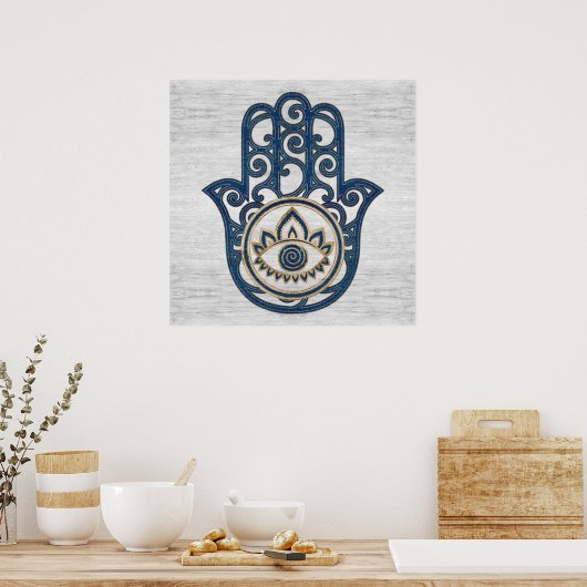 Hamsa Hand - Hand of Fatima blue wood ポスター (キッチン)