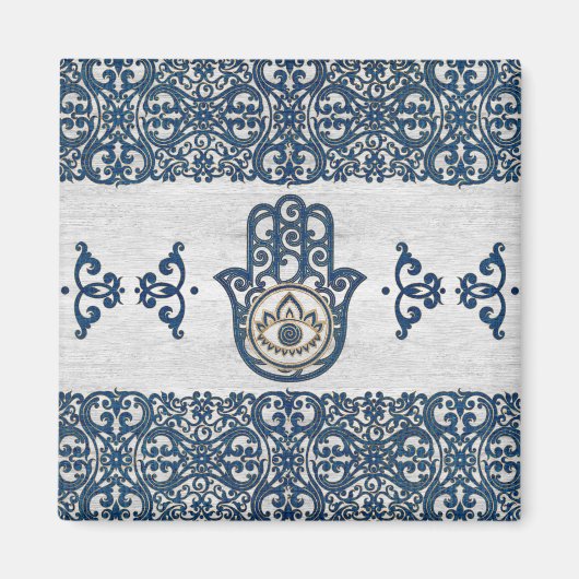 Hamsa Hand - Hand of Fatima blue wood マグネット (正面)