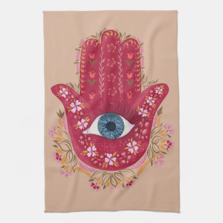 Hamsa Hand_Magenta_Creamキッチンタオル キッチンタオル