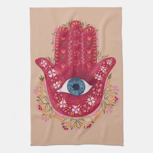 Hamsa Hand_Magenta_Creamキッチンタオル キッチンタオル (縦)