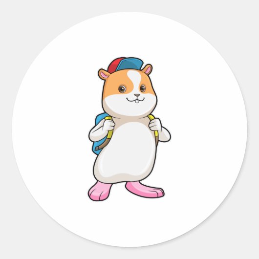 Hamster as student with Backpack & Cap ラウンドシール (正面)