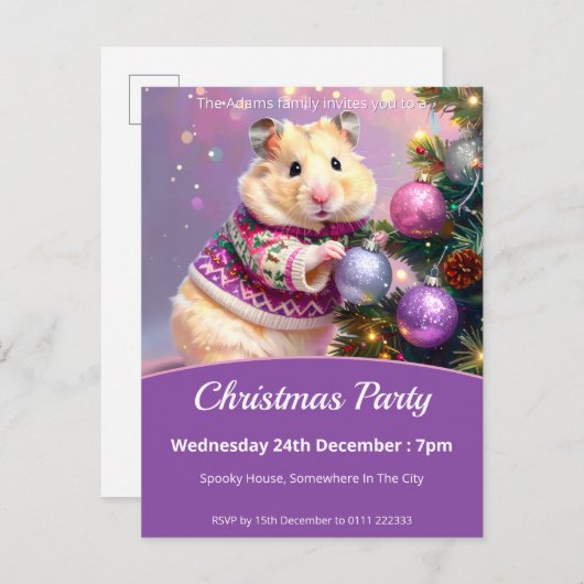 Hamster Decorating Tree Christmas Party インビテーションポストカード (正面/裏面)