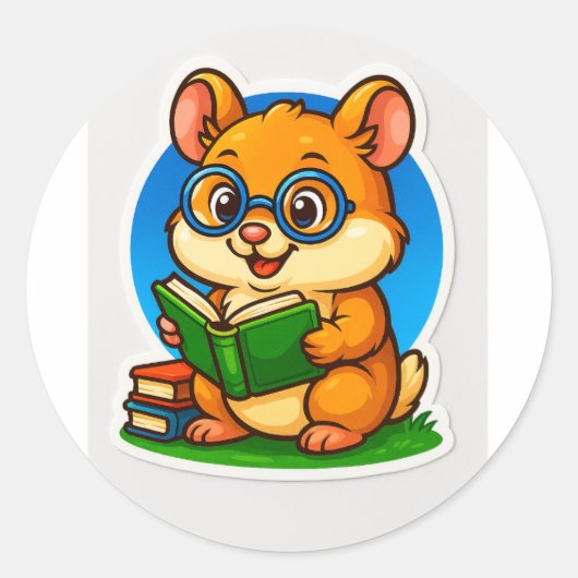 Hamster Reading Sticker ラウンドシール (正面)