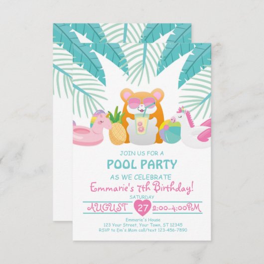 Hamster Tropical Pool Party Invitation 招待状 (正面/裏面)