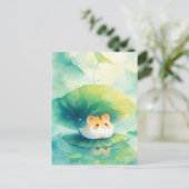 Hamster Under Green Leaf Umbrella on Pond ポストカード (スタンド正面)