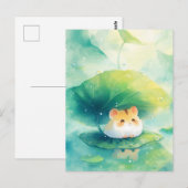 Hamster Under Green Leaf Umbrella on Pond ポストカード (正面/裏面)