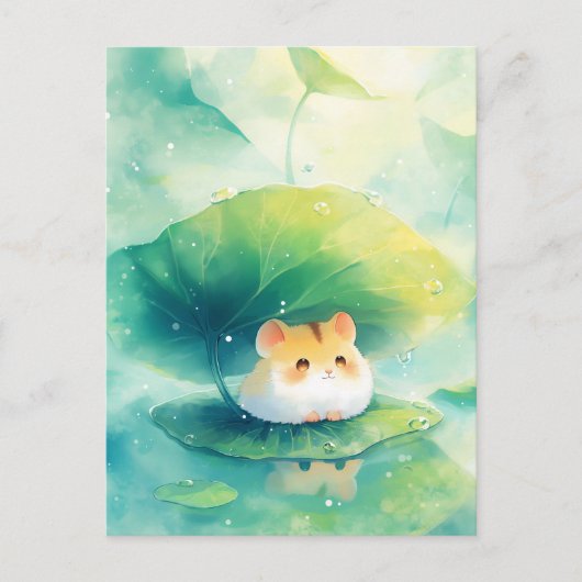 Hamster Under Green Leaf Umbrella on Pond ポストカード (正面)