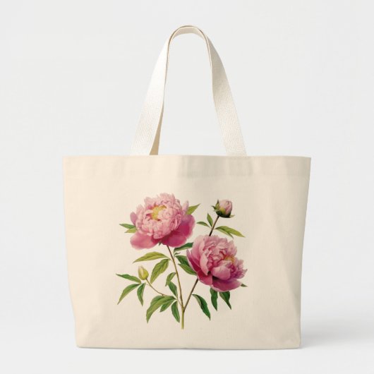 Hand 図解入りの、写真付きの Pink Peoniesの値下げ ラージトートバッグ (正面)