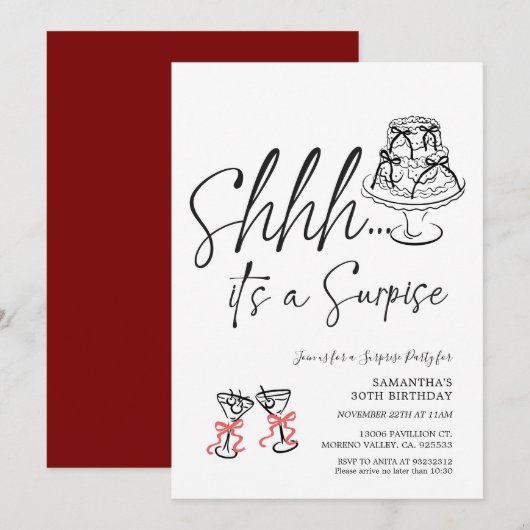 Hand 書 It's a Surprise Cake Birthday Party 招待状 (正面/裏面)