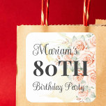 Hand 絵を描 Pink Roses 80th Birthday Party スクエアシール<br><div class="desc">祝80thバースデーパーティのデザインとエレガントの色彩の鮮やかフローラで画期的な。応援80年にリーガル、ピンクのアクセントフェミニンとシックな書道のスクリプトとのスタイル。80歳の誕生日パーティーを忘れられない！</div>