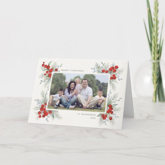 Hand 絵を描 Red Berlies Christmas Holiday Photo シーズンカード (正面)