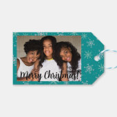 Hand 絵を描 White &  Aqua雪片オンティール(緑がかった色)写真 ギフトタグ (正面(横))