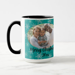 Hand 絵を描 White &  Aqua雪片オンティール（緑がかった色）写真 マグカップ