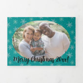 Hand 絵を描 White &  Aqua雪片オンティール（緑がかった色）写真 三つ折りクリスマスカード (カバー)