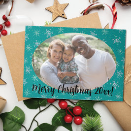 Hand 絵を描 White &  Aqua雪片オンティール（緑がかった色）写真 三つ折りクリスマスカード