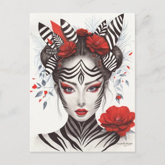 Hand 絵を描 "Zebra Woman" – 賞を受賞したポップ・アートのアート ポストカード (正面)
