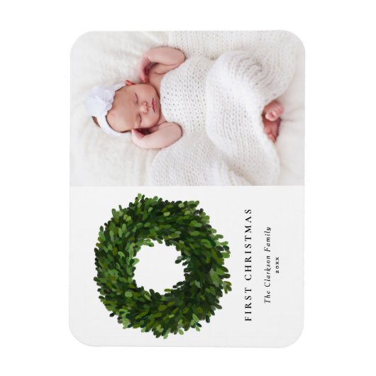 Hand Boxwood絵を描のリース写真の初めてのクリスマス マグネット (縦)