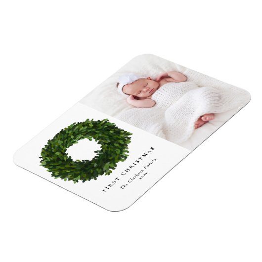 Hand Boxwood絵を描のリース写真の初めてのクリスマス マグネット (左側)