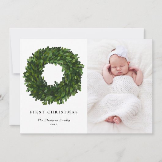 Hand Boxwood絵を描リース初めてのクリスマス写真 シーズンカード (正面)