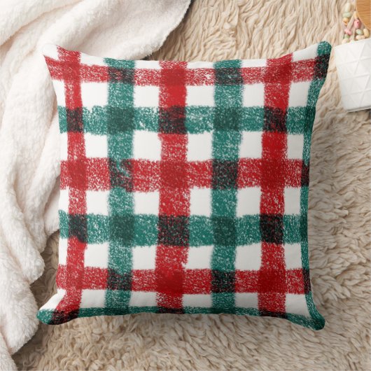 Hand-Brushed Christmas Pillow in Red & Green クッション (ブランケット)