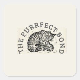 Hand-Carved Linocut Cat Mom & Kitten - Motherhood  スクエアシール