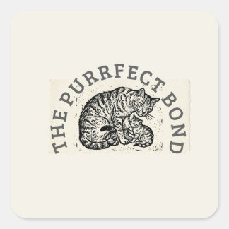 Hand-Carved Linocut Cat Mom & Kitten - Motherhood  スクエアシール