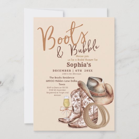 Hand Draw Boots and Bubbly Bridal Shower 招待状 (正面)