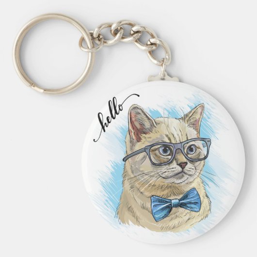 Hand drawing funny British cat in glasses Throw Pi キーホルダー (正面)