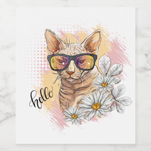 Hand drawing Sphynx cat with flowers Square Sticke ワインラベル (シングルラベル)