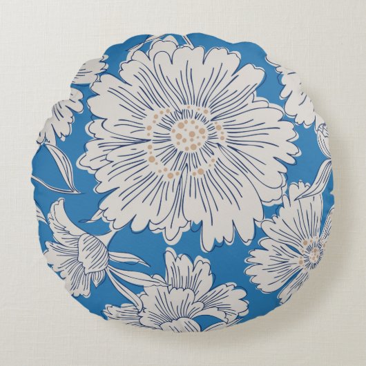 Hand drawn abstract garden flowers. Contour drawin ラウンドクッション (正面)