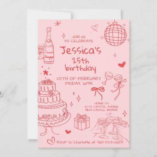 Hand Drawn Adult Handwritten Scribble Birthday  招待状 (正面)