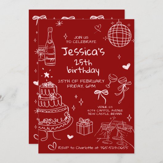 Hand Drawn Adult Handwritten Scribble Birthday  招待状 (正面/裏面)