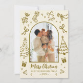 Hand-Drawn Arch Photo Gold Beige Merry Christmas シーズンカード (正面)