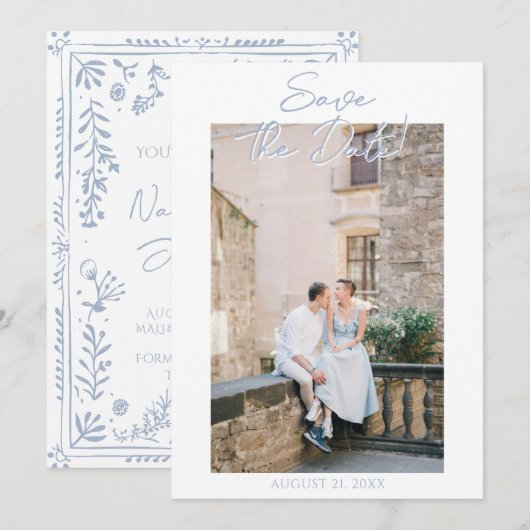 Hand Drawn Azure Blue Floral Garden Photo Wedding セーブザデート (正面/裏面)
