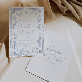 Hand Drawn Azure Blue Floral Garden Whimsy Wedding セーブザデート