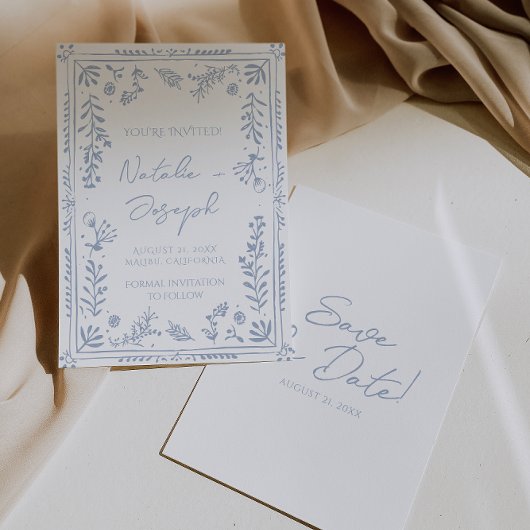 Hand Drawn Azure Blue Floral Garden Whimsy Wedding セーブザデート
