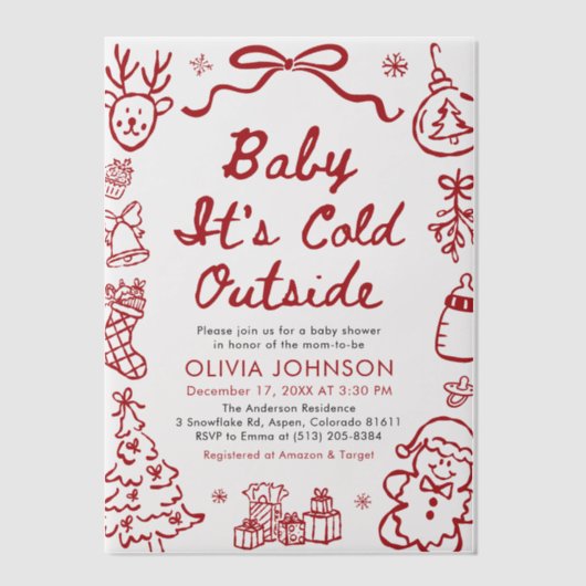 Hand Drawn Baby It's Cold Outside Baby Shower ベラム紙招待状 (正面)