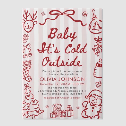 Hand Drawn Baby It's Cold Outside Baby Shower ベラム紙招待状 (正面)