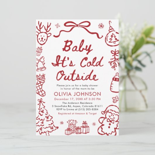 Hand Drawn Baby It's Cold Outside Baby Shower 招待状 (スタンド正面)