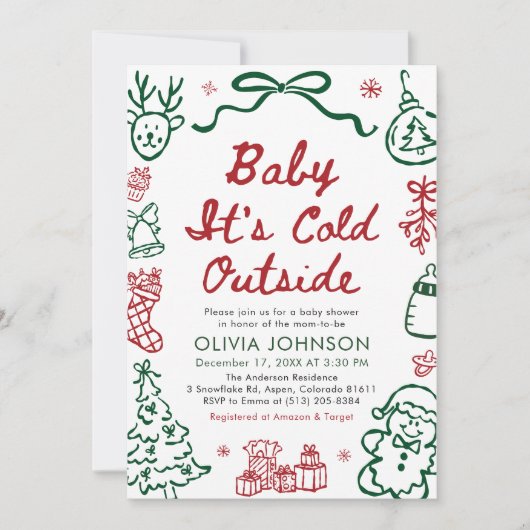 Hand Drawn Baby It's Cold Outside Baby Shower 招待状 (正面)