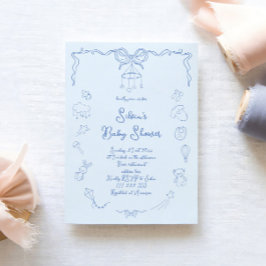 Hand Drawn Baby Shower, Bow Baby Boy Handwritten  招待状